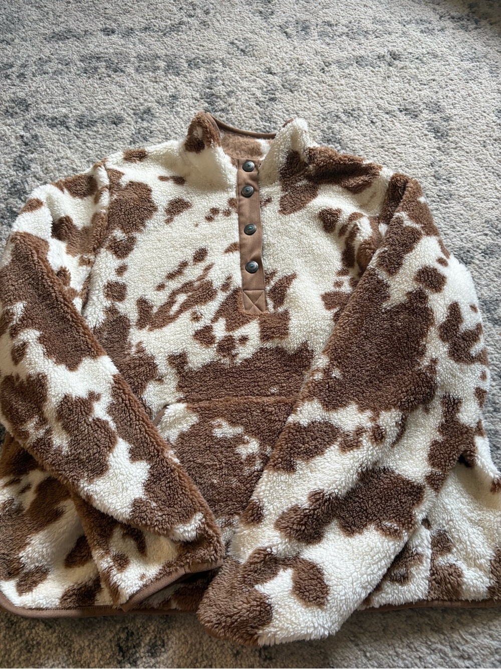 Shyanne Brown and Cream Cow Print Sherpa Snap Pullover